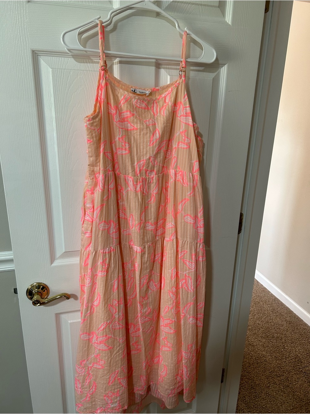 Carve Designs Jacey Textured Peach Dress with Pink Leaf Print in Large.